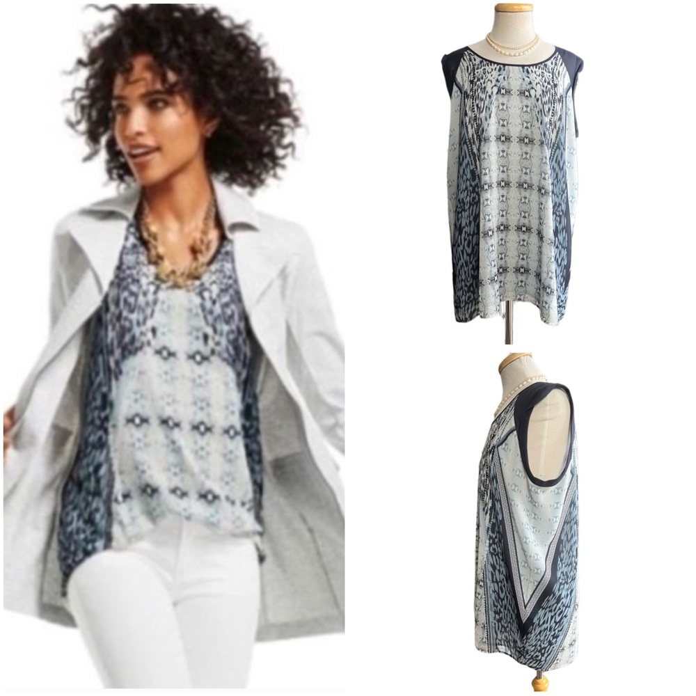 CAbi Blue and White Printed Sleeveless Blouse